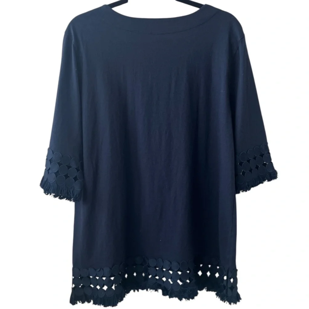 Trisha Tyler Navy Boat Neck Circle Lace Trim Cotton Blouse- Size XL